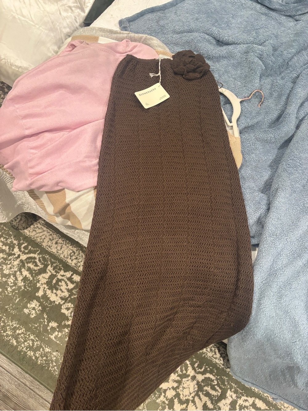 Peppermayo Brown Knit Maxi Skirt with Floral Waist Accent